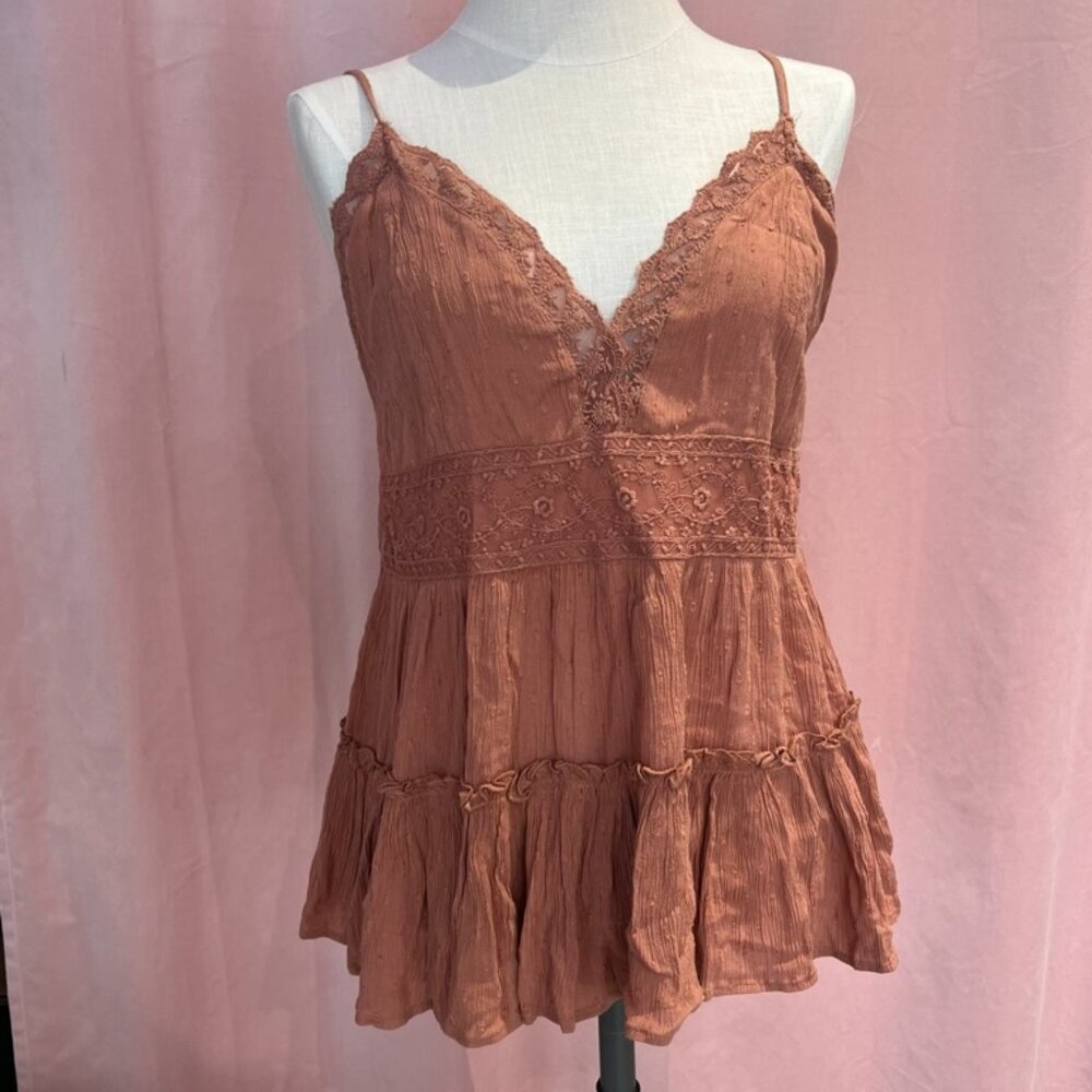 American Eagle Outfitters Rust Brown Lace Trim Spaghetti Strap Tank